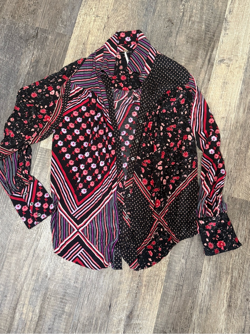 Free People Mixed Print Floral Patchwork Button Down Shirt